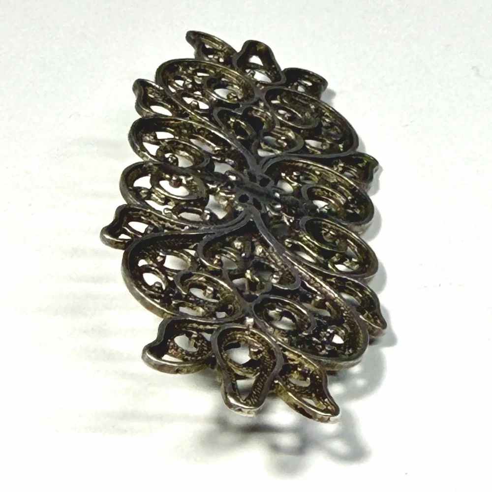 Antique Art Nouveau Filigree Brooch Silver Tone Ornate Open Scroll C Clasp 3